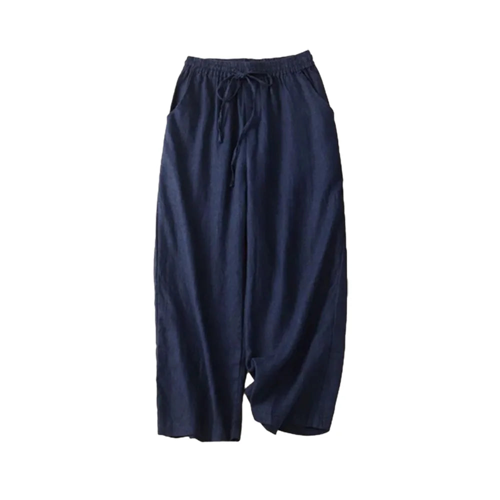 Pantalon Femme Lin Coton Taille Haute Jambe Large Casual Poches Cheville – CLEVI Paris