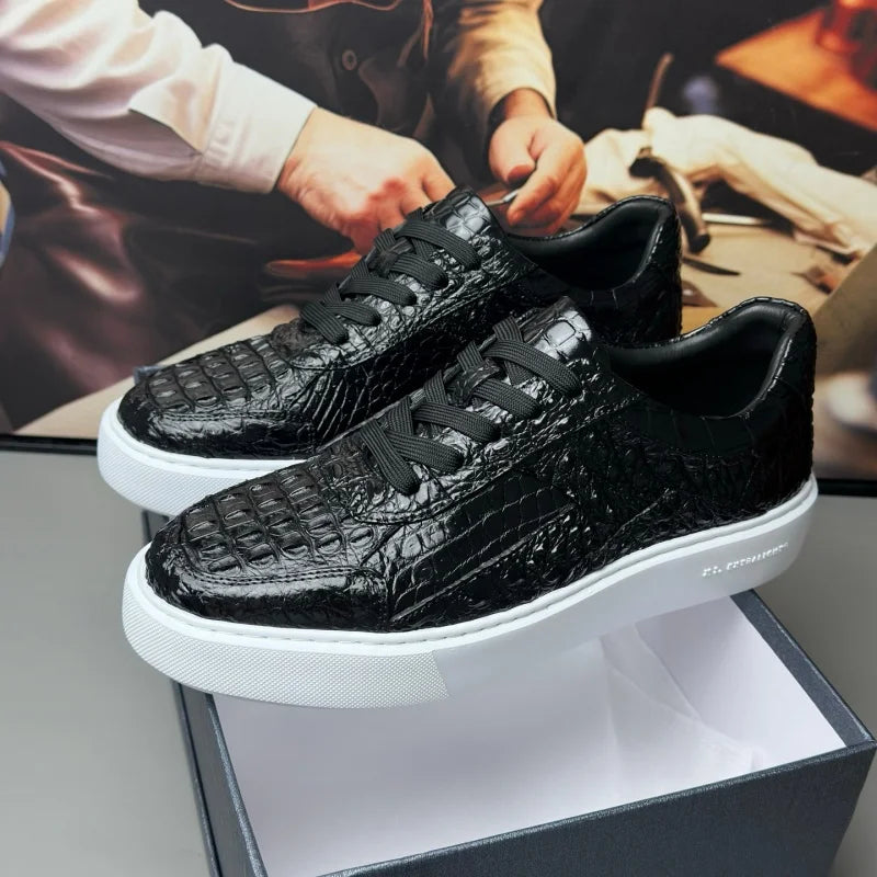 Sneakers Cuir Croco Noir Lacets Croisés Homme – CLEVI Paris