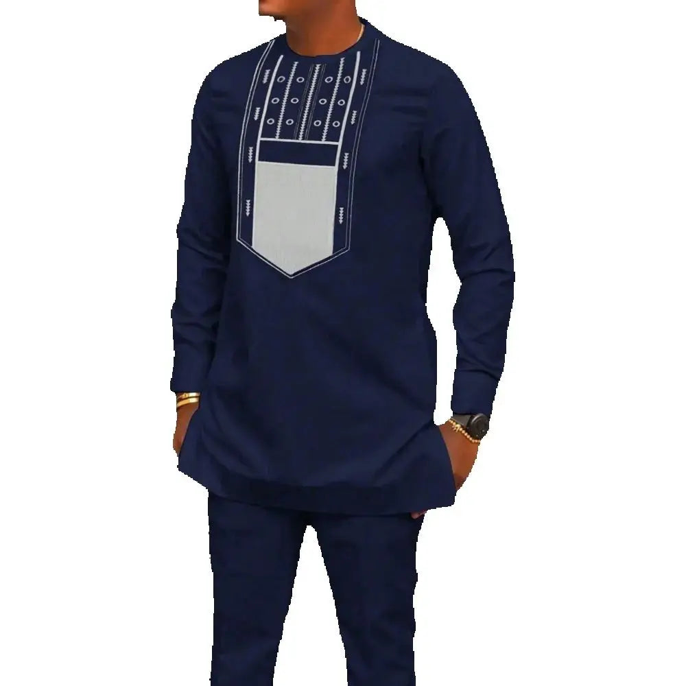 Kaftan Dashiki Homme 2 Pièces Brodé Manches Longues Col Rond + Pantalon Élastique Style Africain Mariage Fête M-4XL – CLEVI Paris