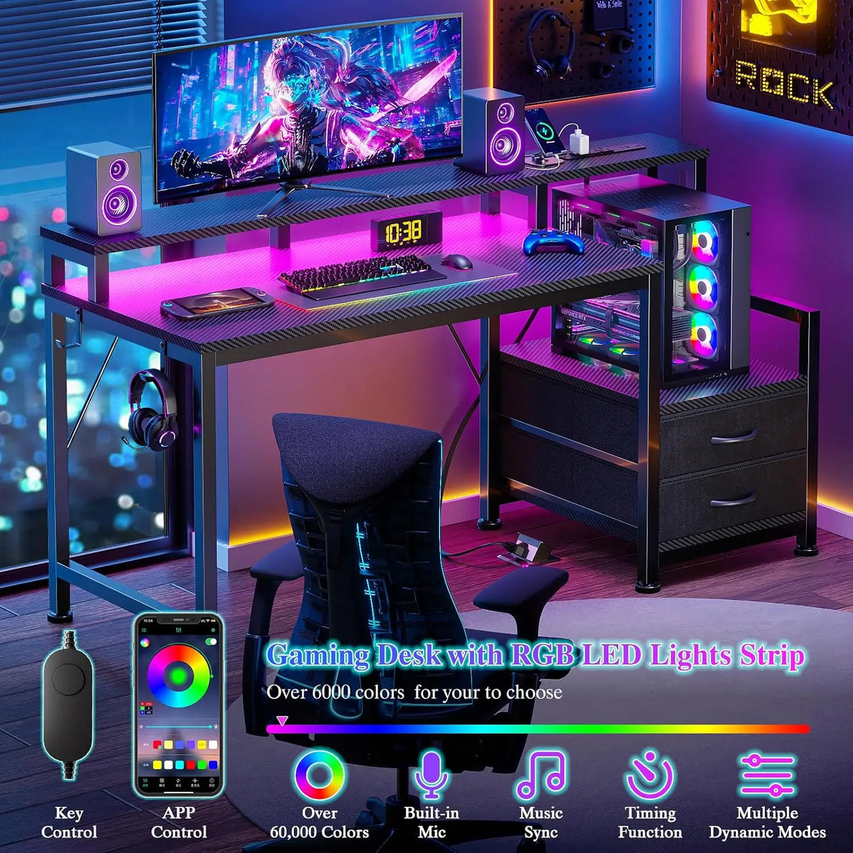 Bureau gaming 120 cm LED et 2 tiroirs – CLEVI Paris