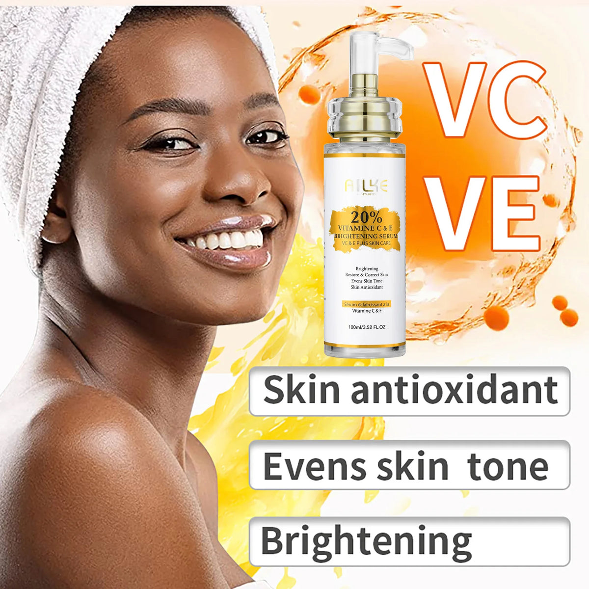 Gamme Soins Corps & Visage AILKE Vitamine C+E – Éclaircissant, Anti-Taches & Raffermissant – CLEVI Paris