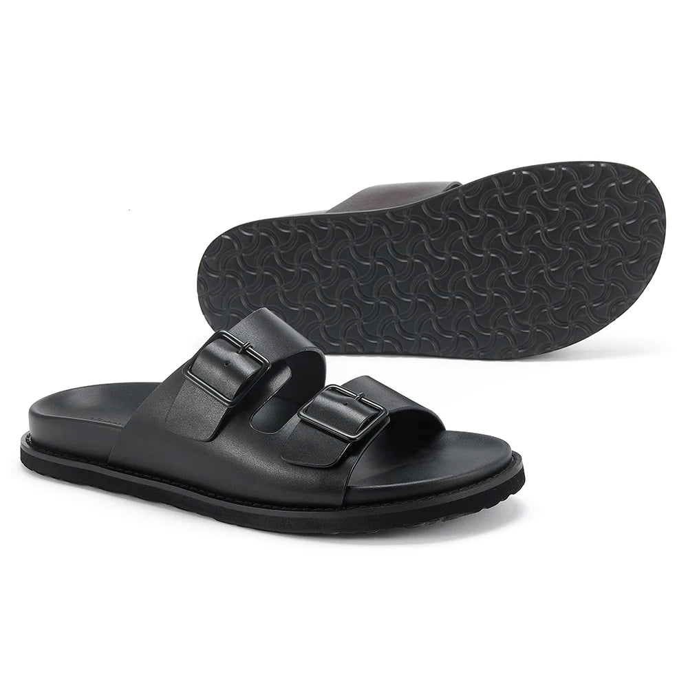 Sandales Homme Cuir de Veau Véritable – Boucle, Antidérapantes, Style Birkenstock | Noir ou Café