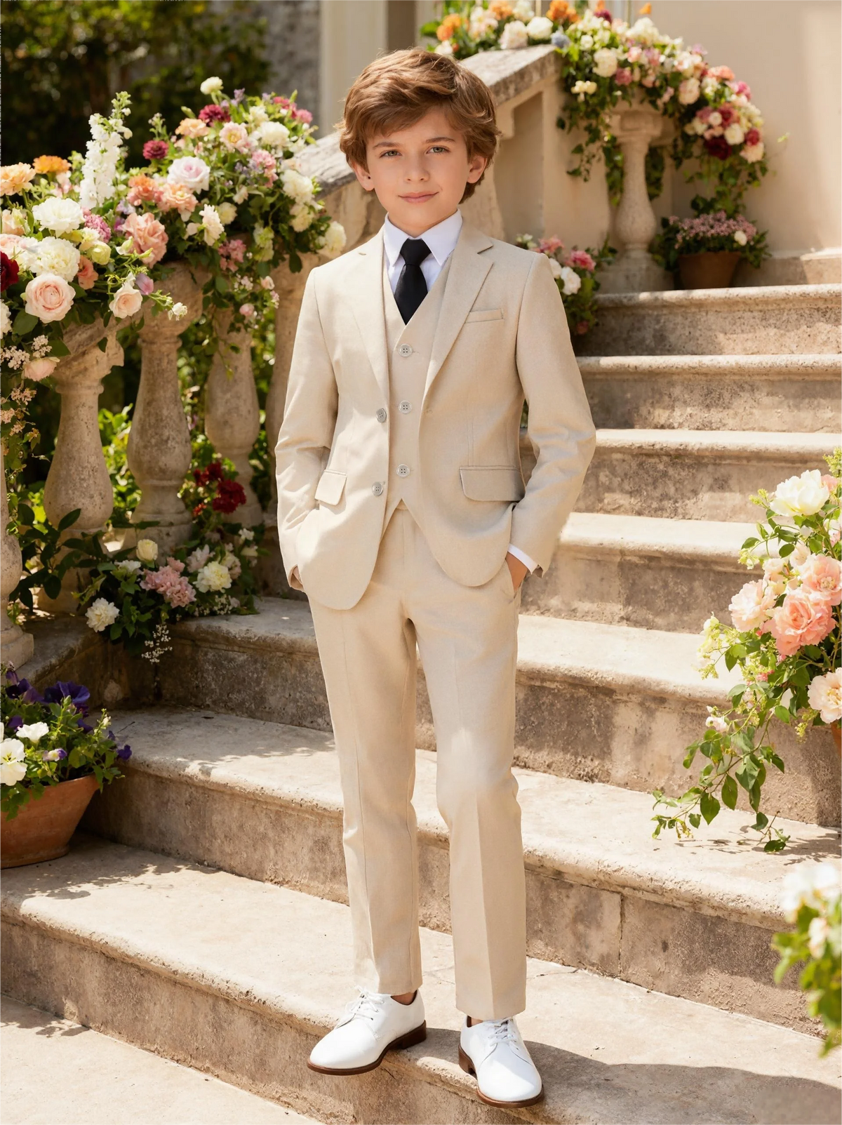 Costume 4 Pièces Garçon Mariage Cérémonie Slim Veste Gilet Pantalon Cravate 13 Coloris – CLEVI Paris