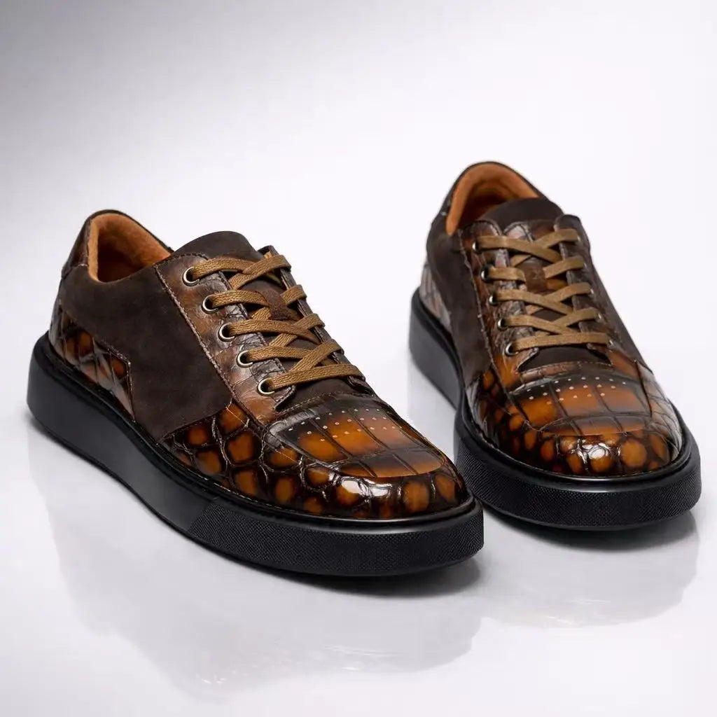Sneakers Cuir Crocodile Homme Casual Marron Lacets – CLEVI Paris