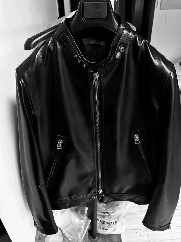 Veste homme en cuir à col montant zippée – CLEVI Paris