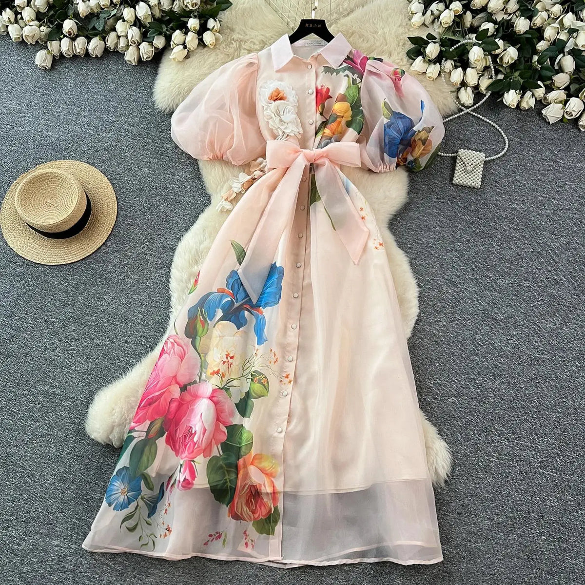 Robe Femme Longue Fleurs 3D Manches Bouffantes Dentelle Style Palace Élégante – CLEVI Paris