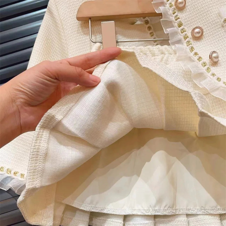 Ensemble fille beige dentelle et jupe plissée – CLEVI Paris