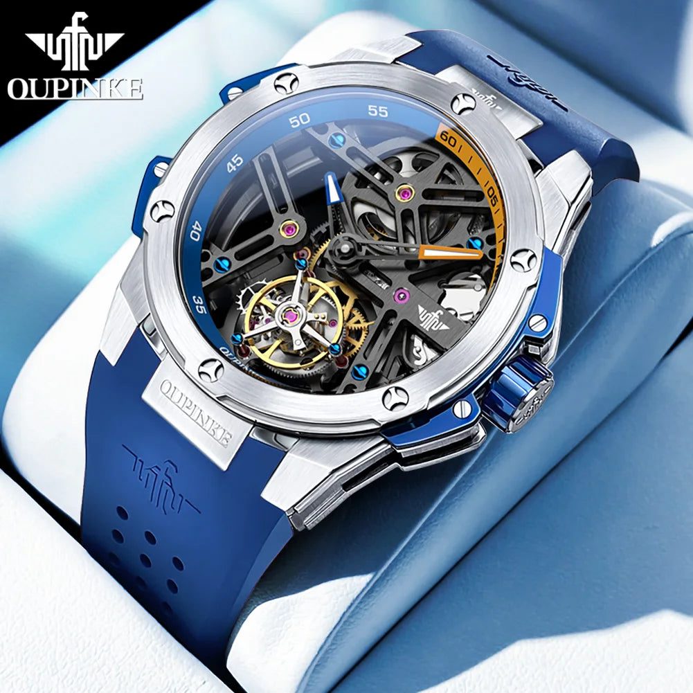 OUPINKE 8003 Montre Homme Tourbillon Automatique Saphir Silicone Bicolore 5ATM – CLEVI Paris