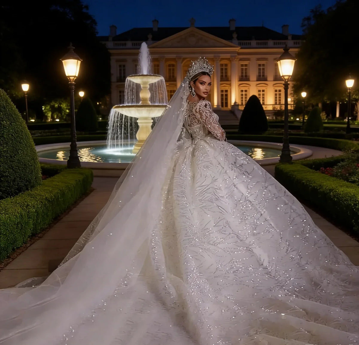 Robe de mariée en tulle col V manches longues – CLEVI Paris