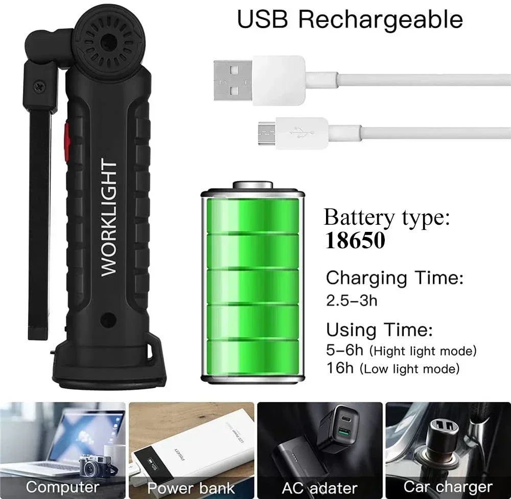 Lampe Travail COB LED USB Rechargeable Crochet Magnétique – CLEVI Paris