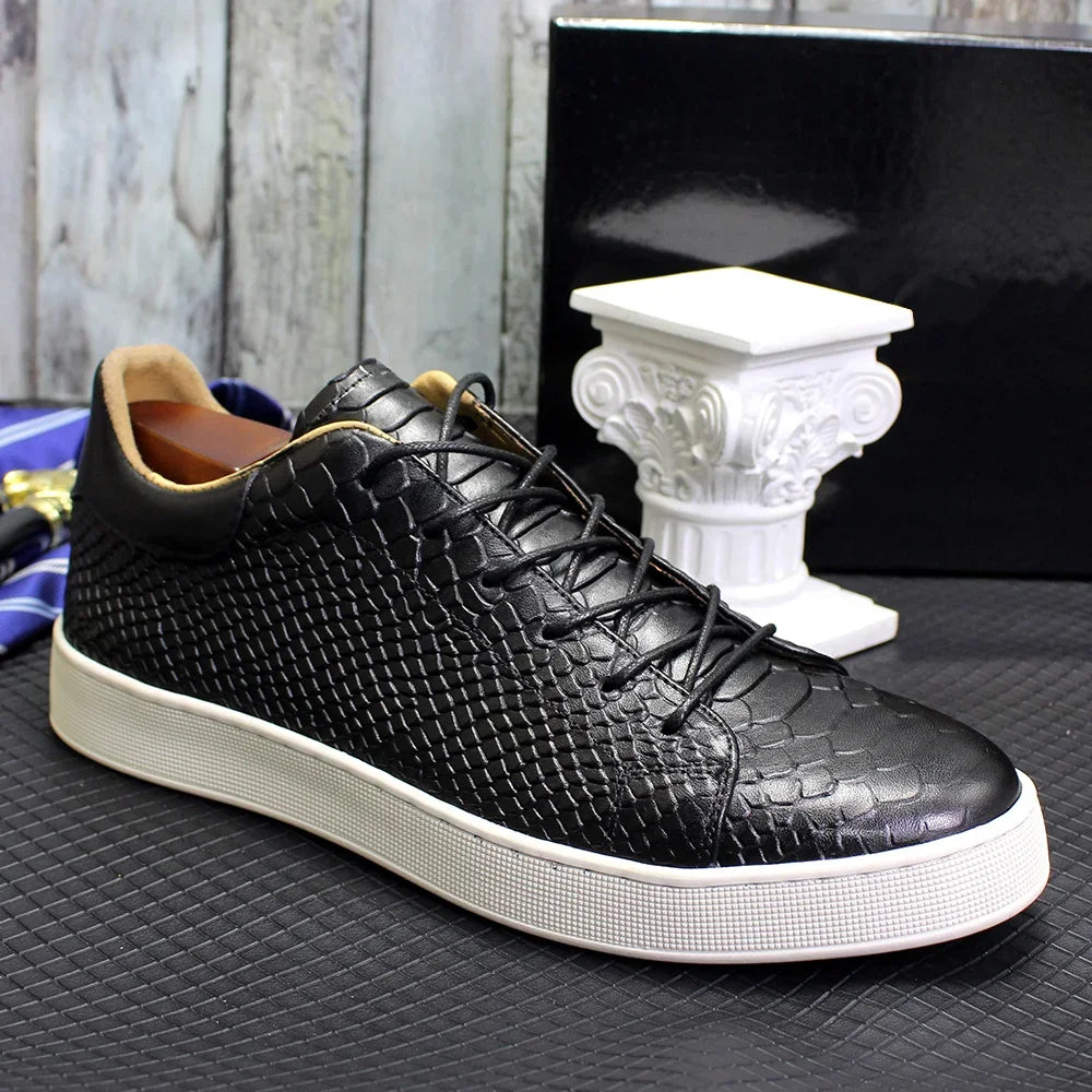 Sneakers Cuir Vachette Homme Motif Serpent Lacets Noir Rouge – CLEVI Paris