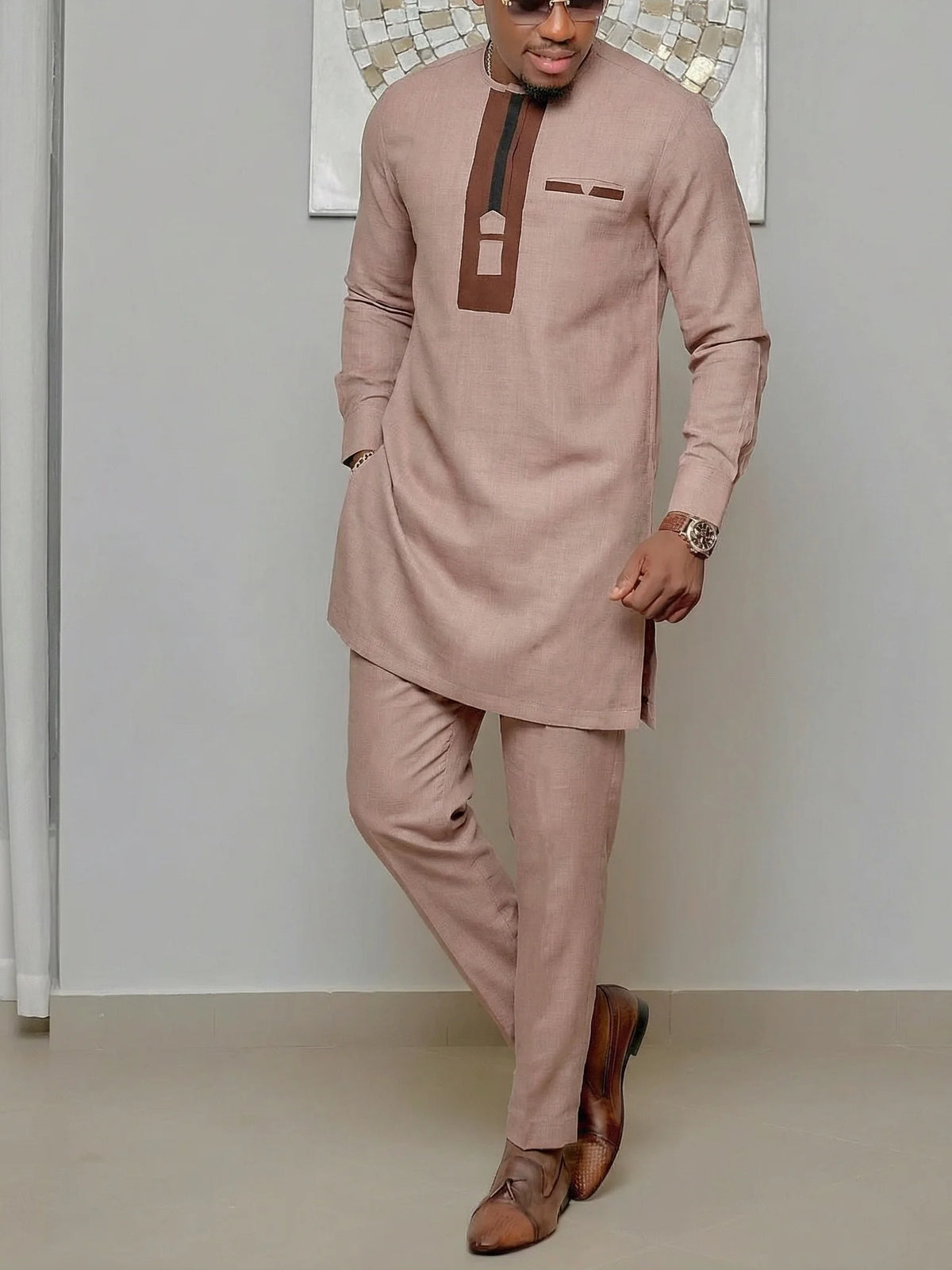Kaftan Homme 2 Pièces Brodé Floral Col Mao Manches Longues + Pantalon Élastique Style Africain Mariage M-4XL – CLEVI Paris