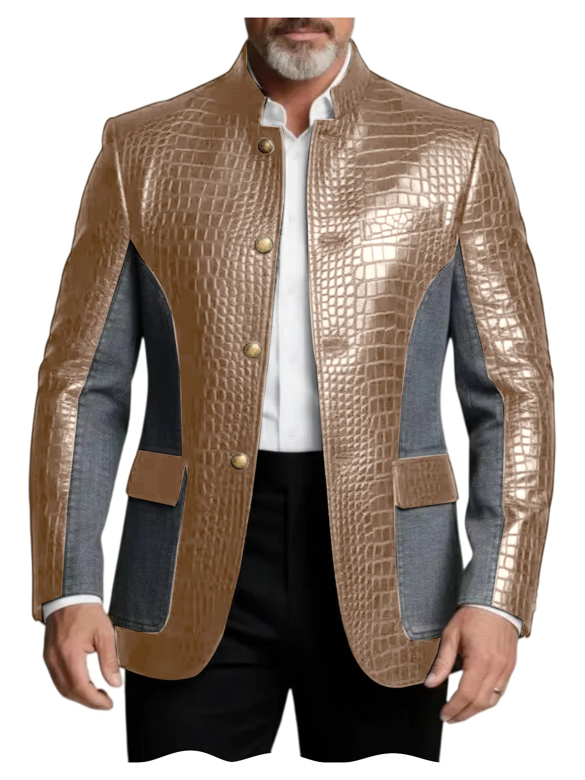 Blazer en cuir PU de luxe marron pour homme, effet croco, patchwork denim, col montant, coupe ajustée, idéal pour affaires, décontracté ou soirée