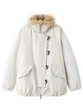 Veste femme ample en duvet à col duveteux FSLE – CLEVI Paris
