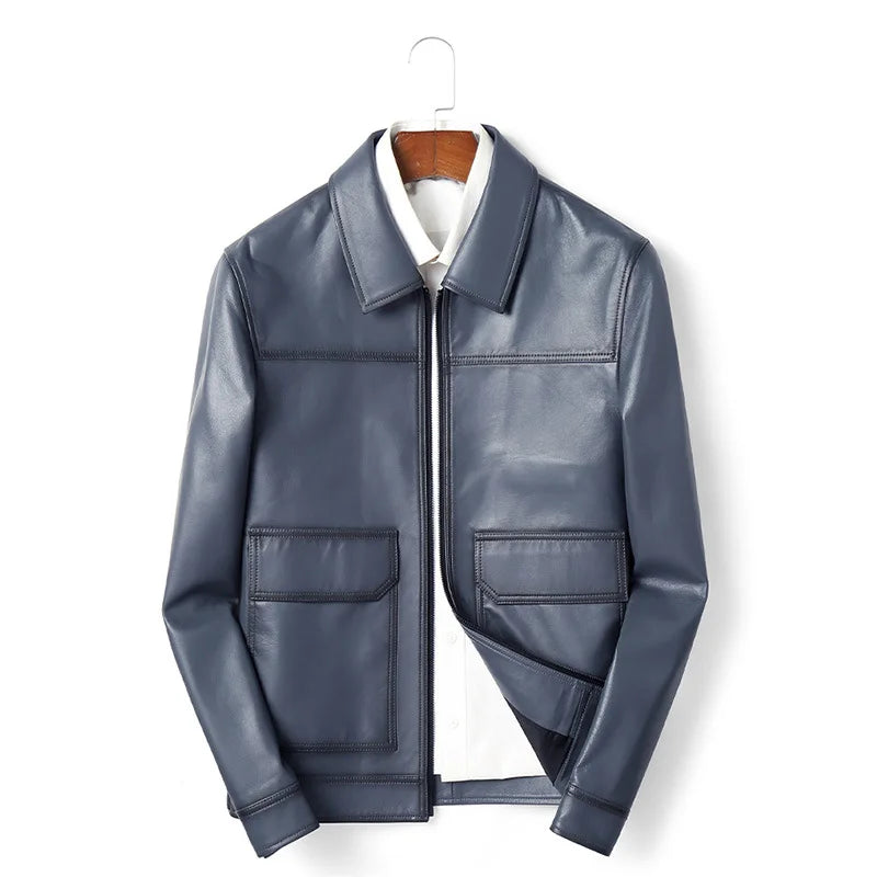 Blouson homme en cuir bleu à poches à rabat – CLEVI Paris