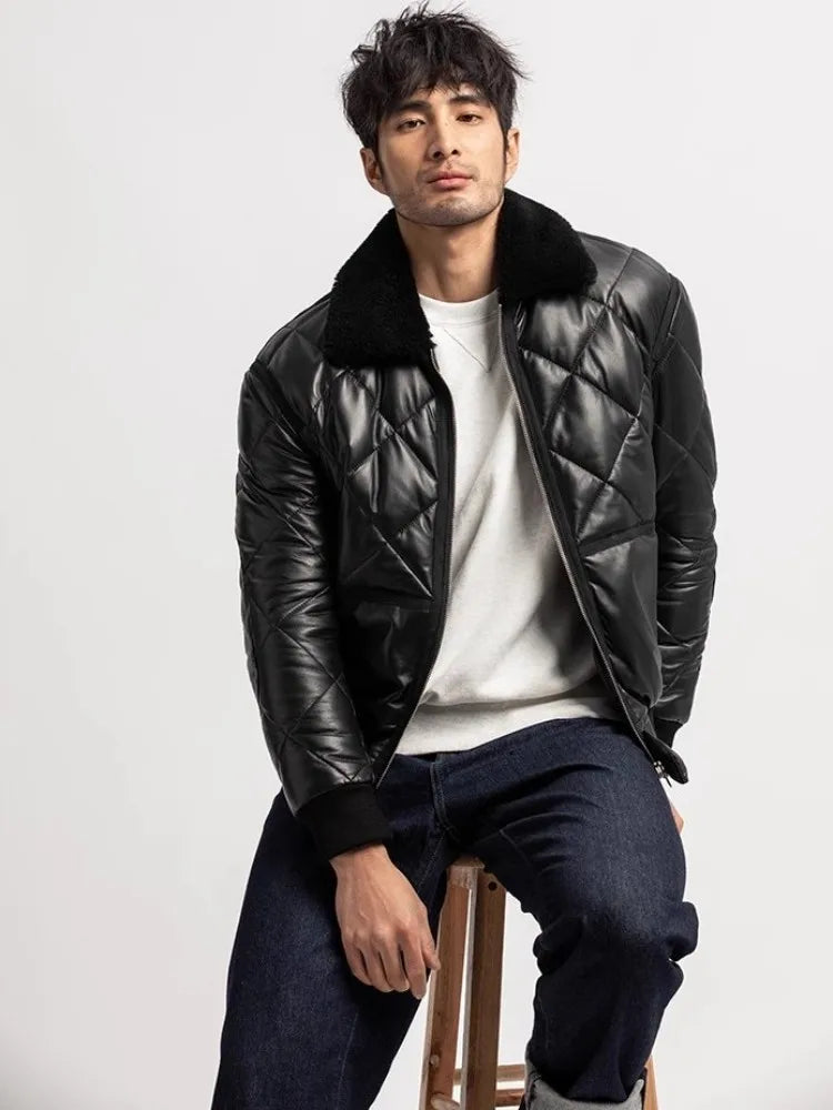 Veste homme en cuir de mouton noir à col rabattu – CLEVI Paris
