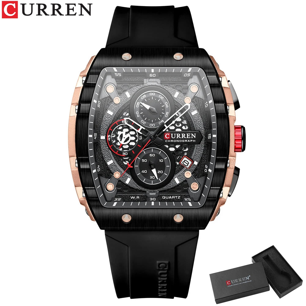 CURREN 8442 Montre Homme Quartz Carrée Chronographe Silicone Lumineux 30M – CLEVI Paris