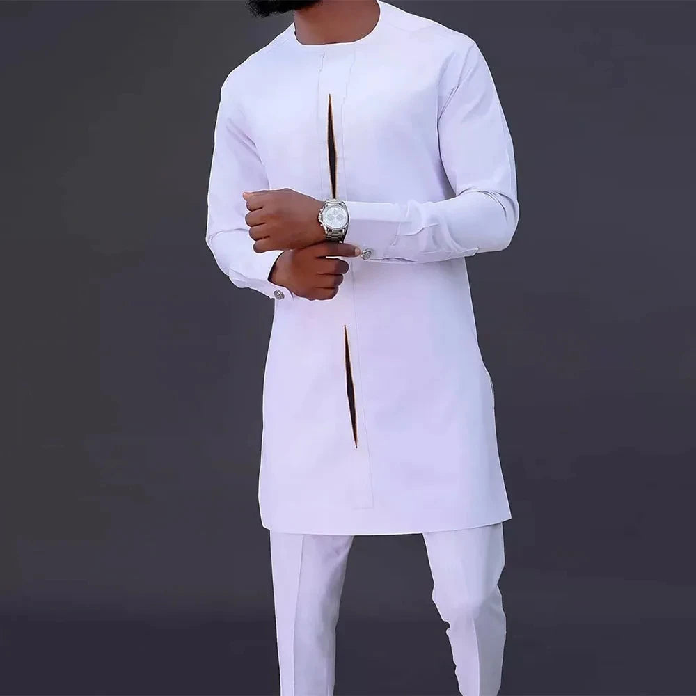 Ensemble 2 Pièces Homme Style Africain Chemise Manches Longues Col Rond + Pantalon Cordon Élégant XS-XXL – CLEVI Paris
