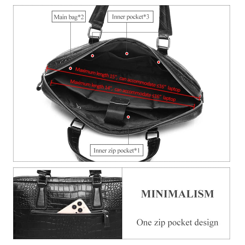 Serviette Homme Cuir Véritable Croco Rigide Laptop 15,6" Noir – CLEVI Paris