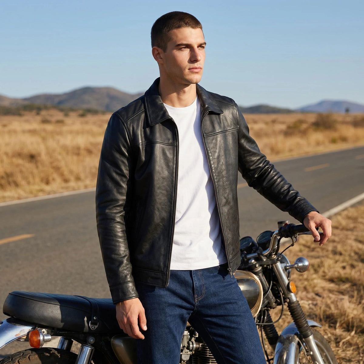 Veste homme en cuir de vache, col rond – CLEVI Paris