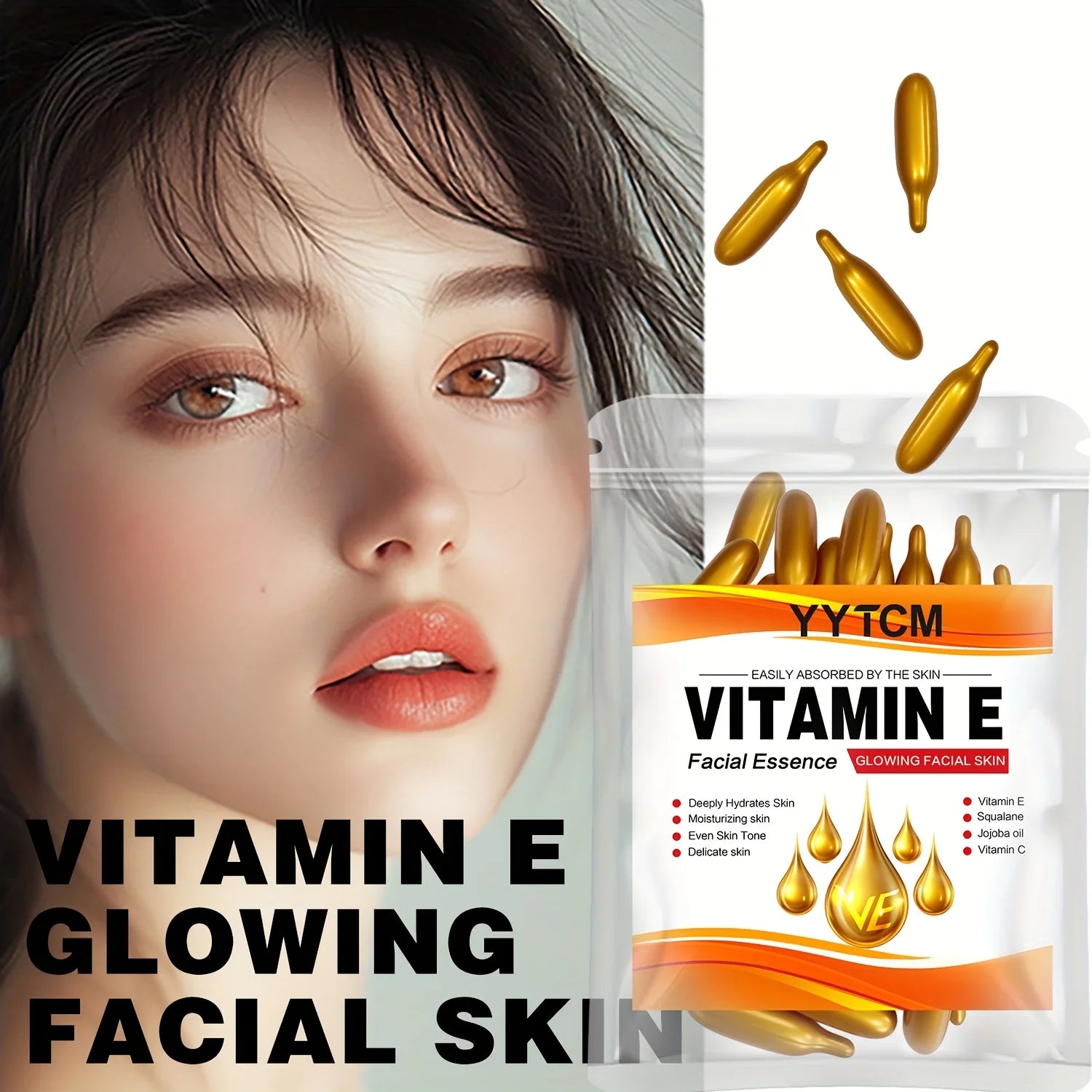 Capsules Essence Vitamine E & Squalane – Hydratation Profonde, Éclat & Lissage de la Peau