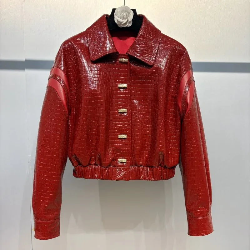 Veste courte femme en cuir effet crocodile – CLEVI Paris