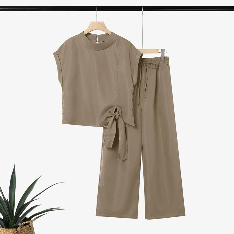 Ensemble 2 Pièces Femme Blouse Col Montant Manches Courtes Lacée + Pantalon Large Taille Mi-Haute Cordon Poches Minimaliste Casual Vert Militaire Kaki Gris Foncé – CLEVI Paris