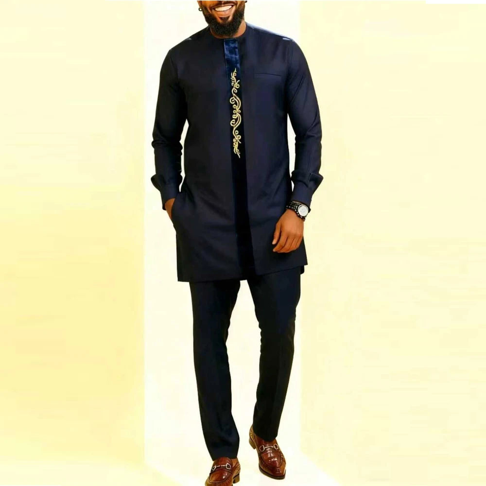 Ensemble Kaftan Africain Homme 2 Pièces – Costume Brodé Manches Longues – CLEVI Paris
