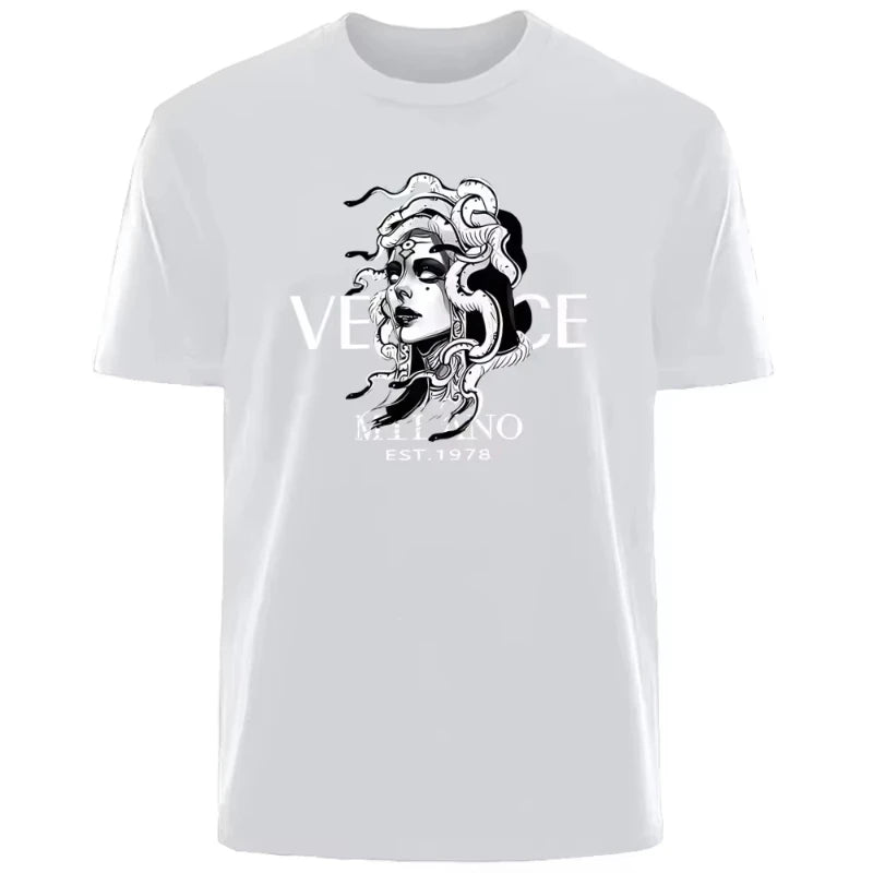 T-Shirt Unisexe Motif Tête de Méduse Style Luxe Italien Col Rond Coton – CLEVI Paris