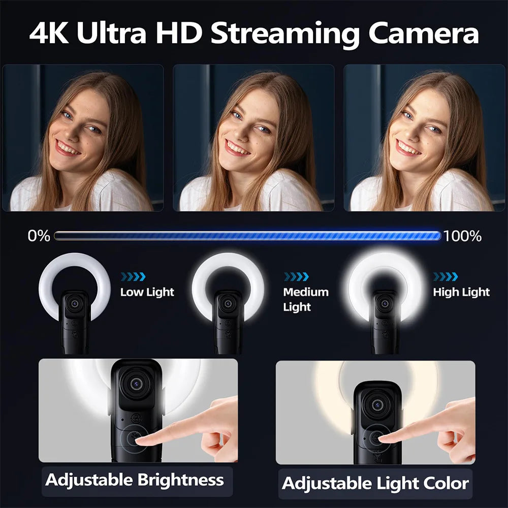 Webcam 4K Streaming Ring Light LED Autofocus Zoom 9x Télécommande USB-C – CLEVI Paris
