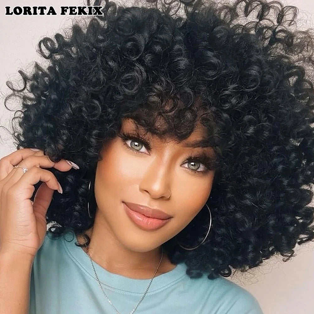 Perruque Synthétique Courte Afro Kinky Curly Avec Frange 180% 6 Teintes 14 Pouces – CLEVI Paris