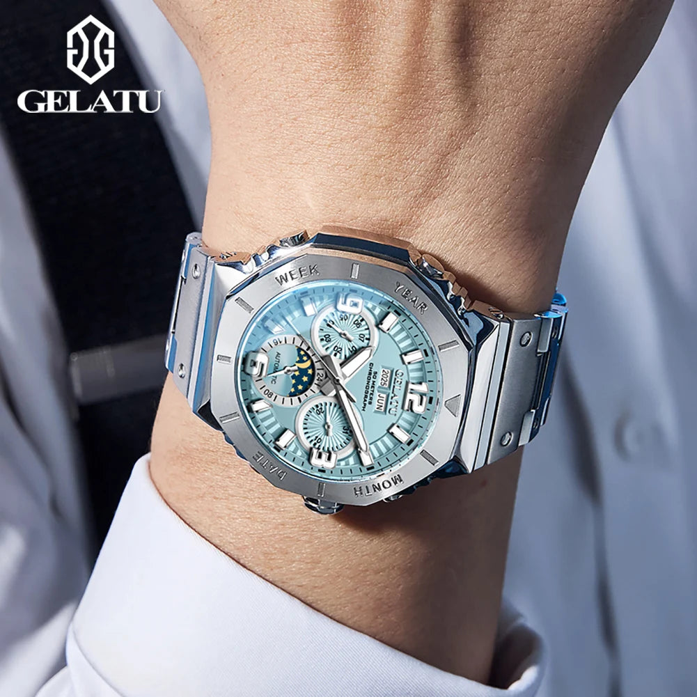 GELATU 6030 Montre Homme Automatique Phase de Lune Saphir Acier 316L 50M – CLEVI Paris