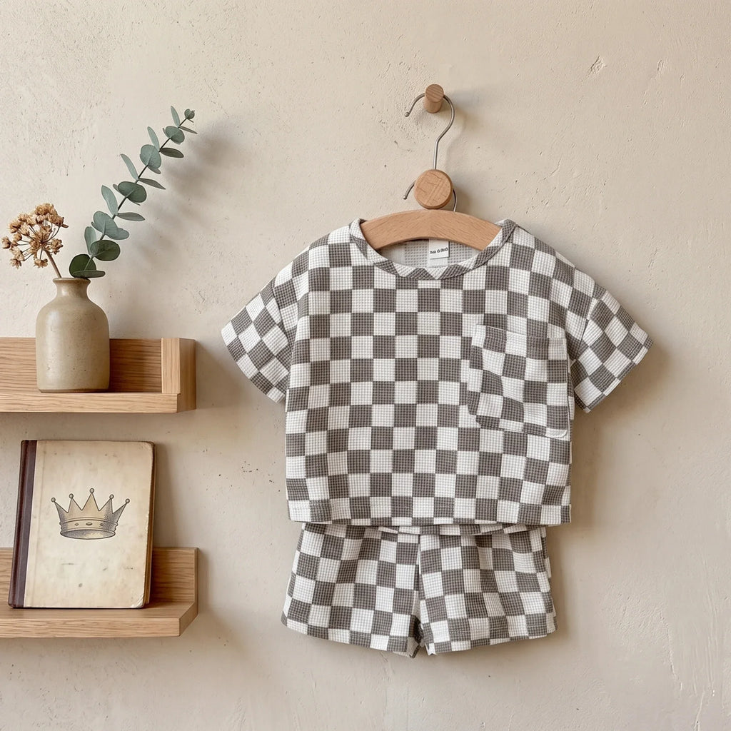 Ensemble bébé à carreaux kaki haut et short – CLEVI Paris