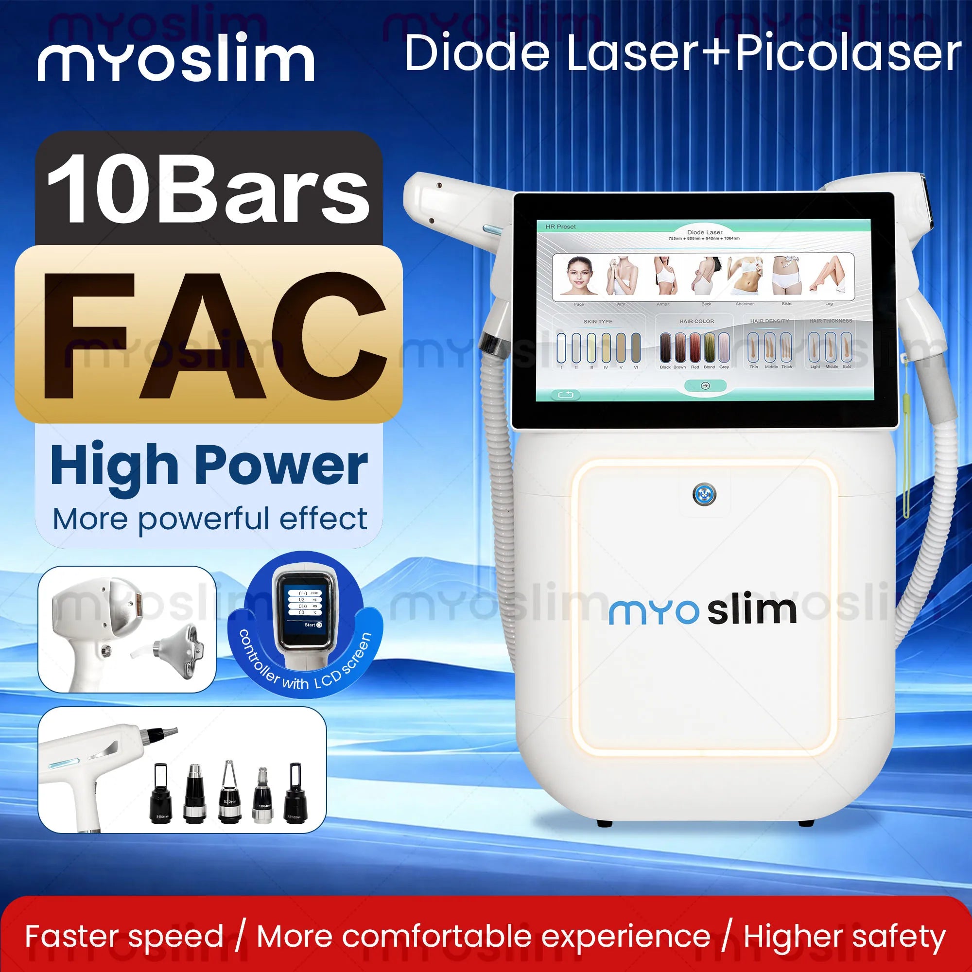 Machine 2-en-1 MYOSLIM Laser Diode FAC 755/808/940/1064nm + Picoseconde Épilation Détatouage 10/16 Barres – CLEVI Paris