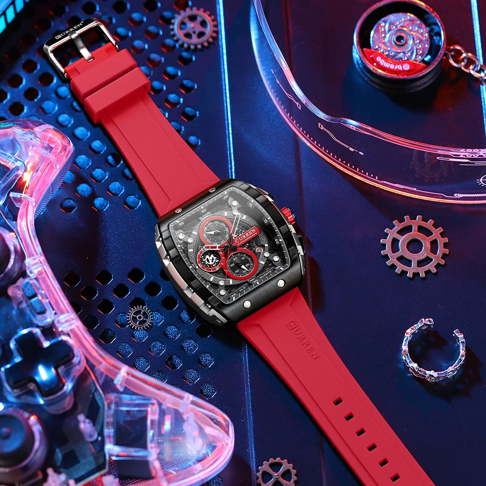 Montre Chronographe Homme CURREN 8442 – Boîtier Carré, Bracelet Silicone Sport