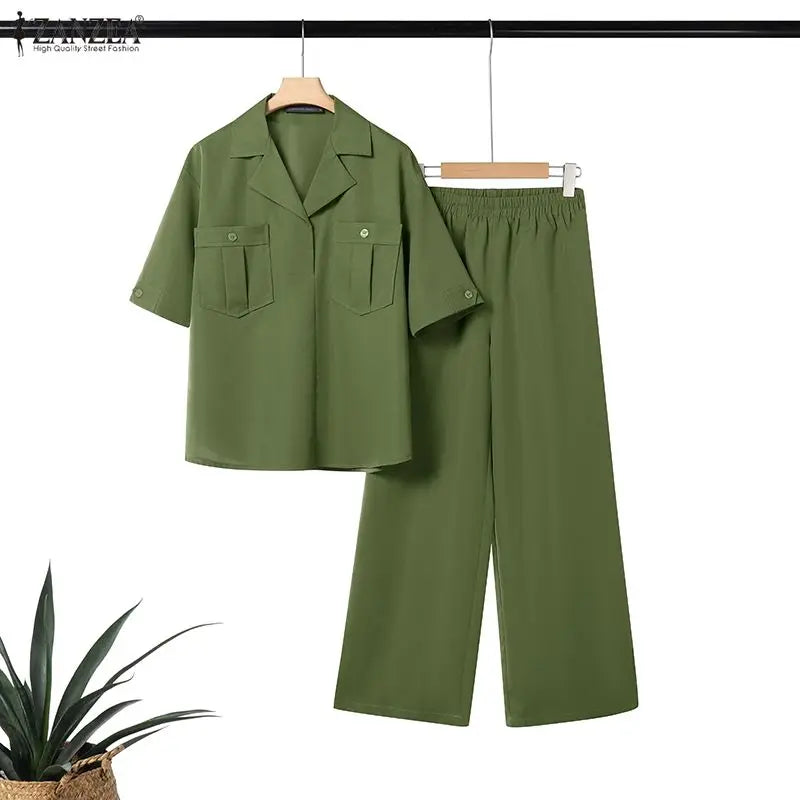 Ensemble 2 Pièces Femme Blouse Col Rabattu Manches Mi-Longues Boutonnée Poches + Pantalon Large Taille Mi-Haute Élastique Casual Bohème Beige Vert Noir – CLEVI Paris