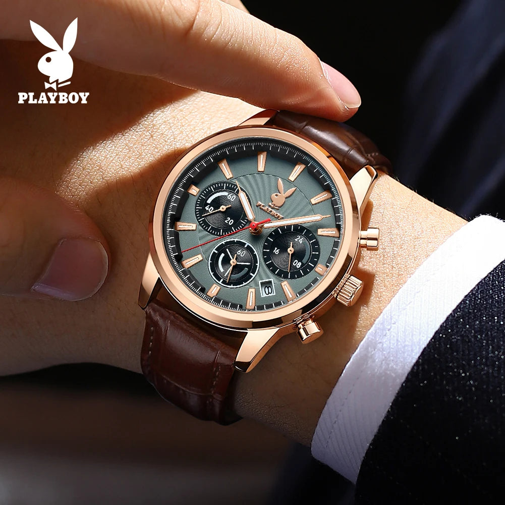 PLAYBOY 3305 Montre Homme Quartz Chronographe Calendrier Cuir 40mm 30M – CLEVI Paris