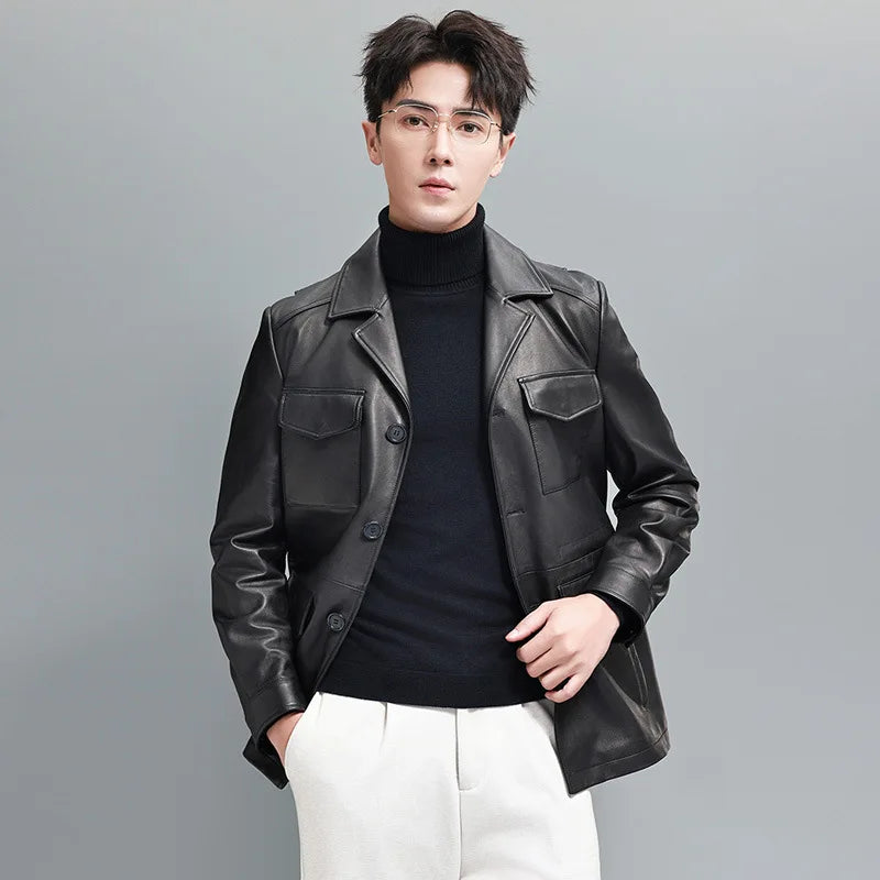 Veste homme en cuir de mouton boutonnée – CLEVI Paris