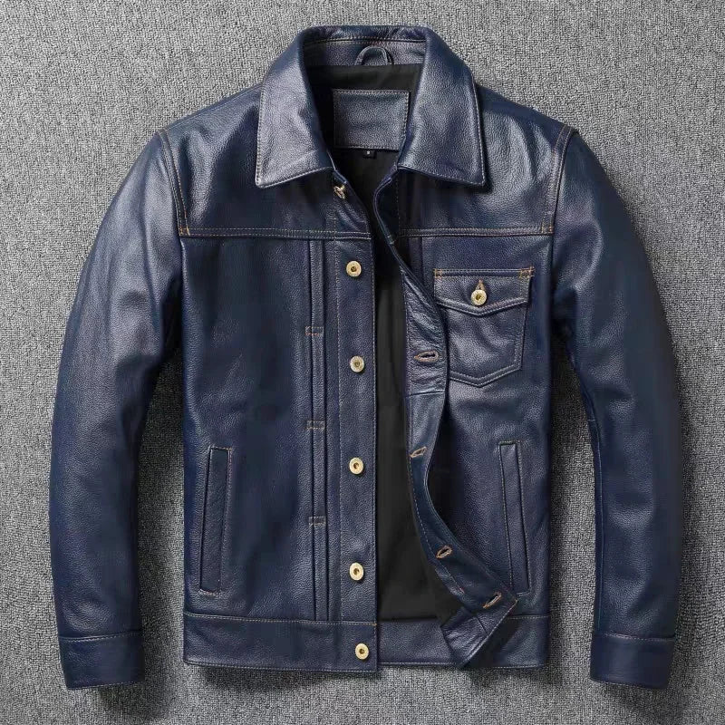 Veste homme en cuir de vache, col rond – CLEVI Paris