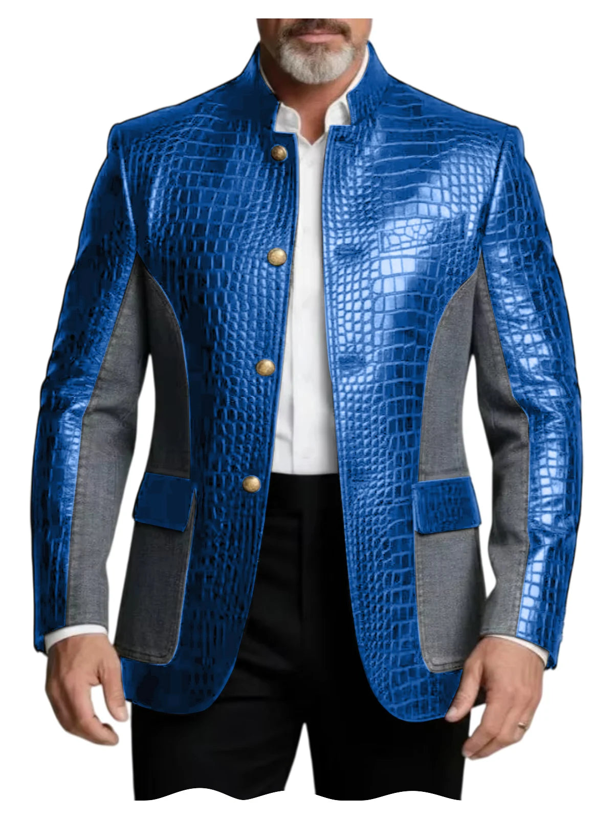 Blazer en cuir PU de luxe marron pour homme, effet croco, patchwork denim, col montant, coupe ajustée, idéal pour affaires, décontracté ou soirée