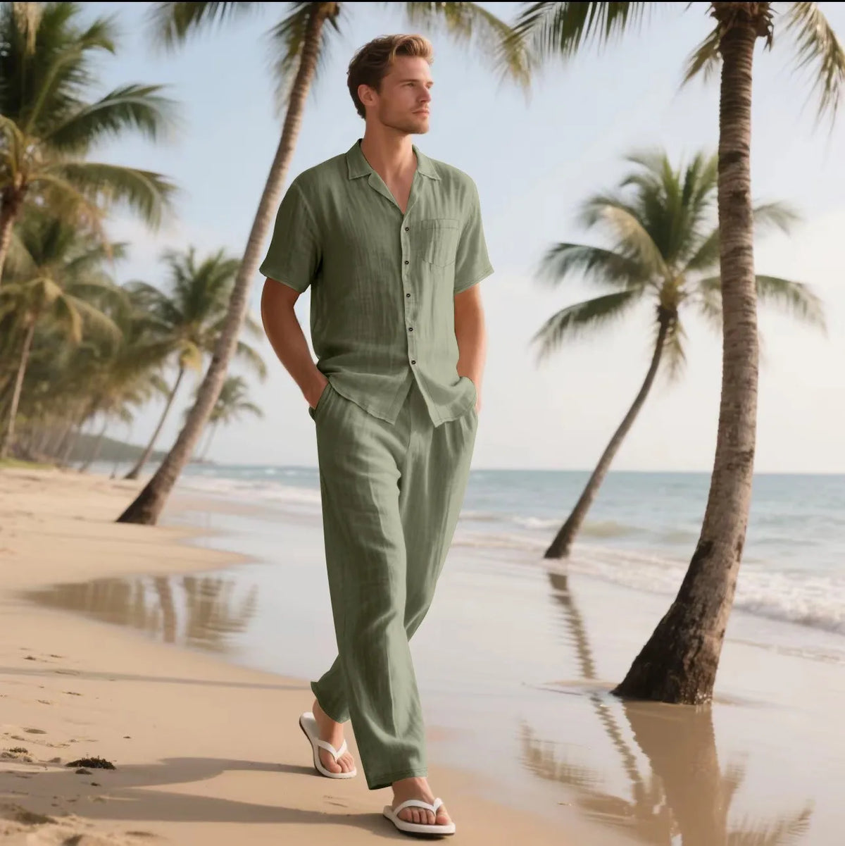 Ensemble Homme Chemise Lin Manches Courtes Col Cranté + Pantalon Long Cordon Casual Plage Vacances – CLEVI Paris