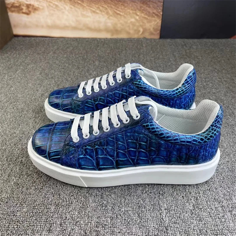 Sneakers Cuir Croco Bleu Peint Main Homme – CLEVI Paris