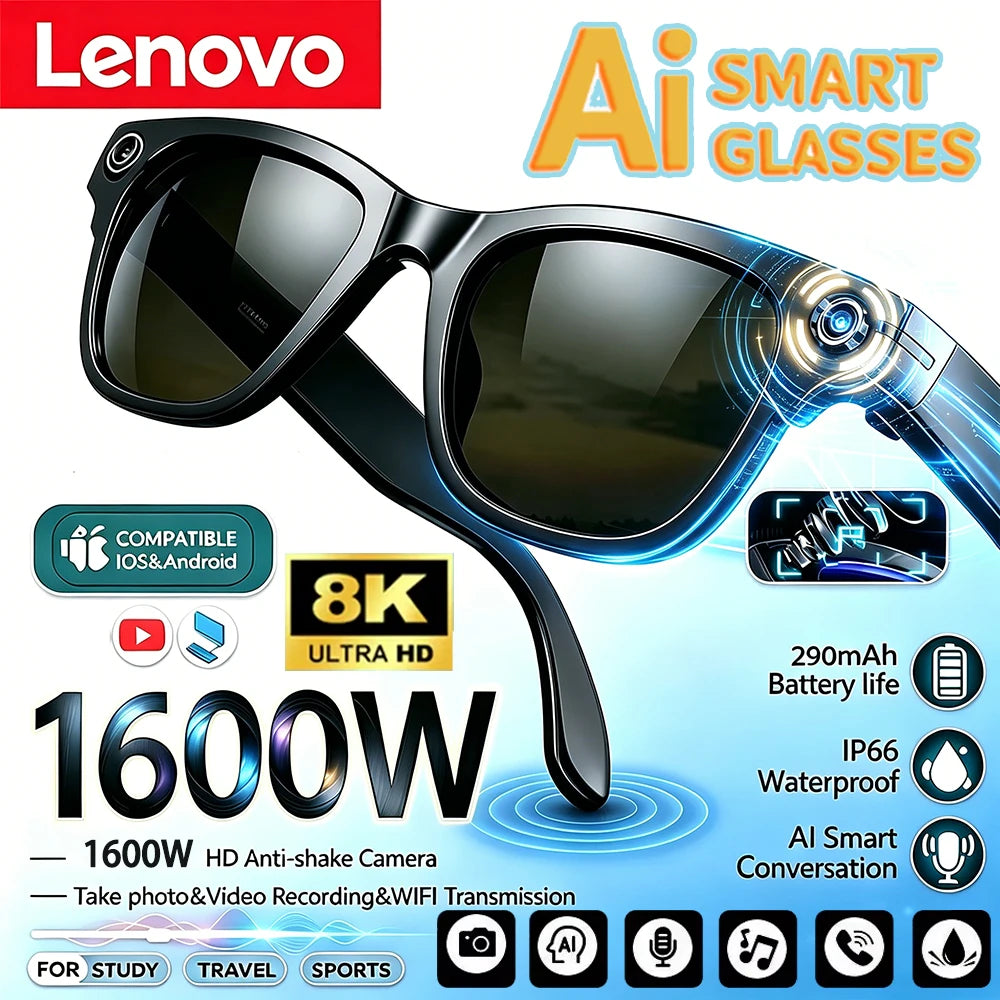 Lunettes Connectées Lenovo M89 Caméra 16MP 4K OIS Flash LED Bluetooth 5.3 Traduction 11 Langues 12h Batterie Cobalt – CLEVI Paris