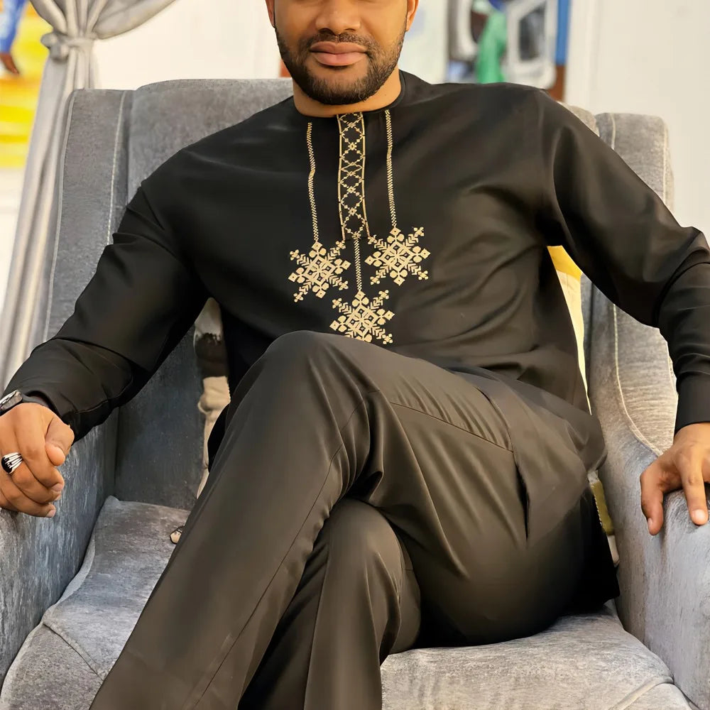 Kaftan Homme 2 Pièces Brodé Floral Col Mao Manches Longues + Pantalon Élastique Style Africain Mariage M-4XL – CLEVI Paris