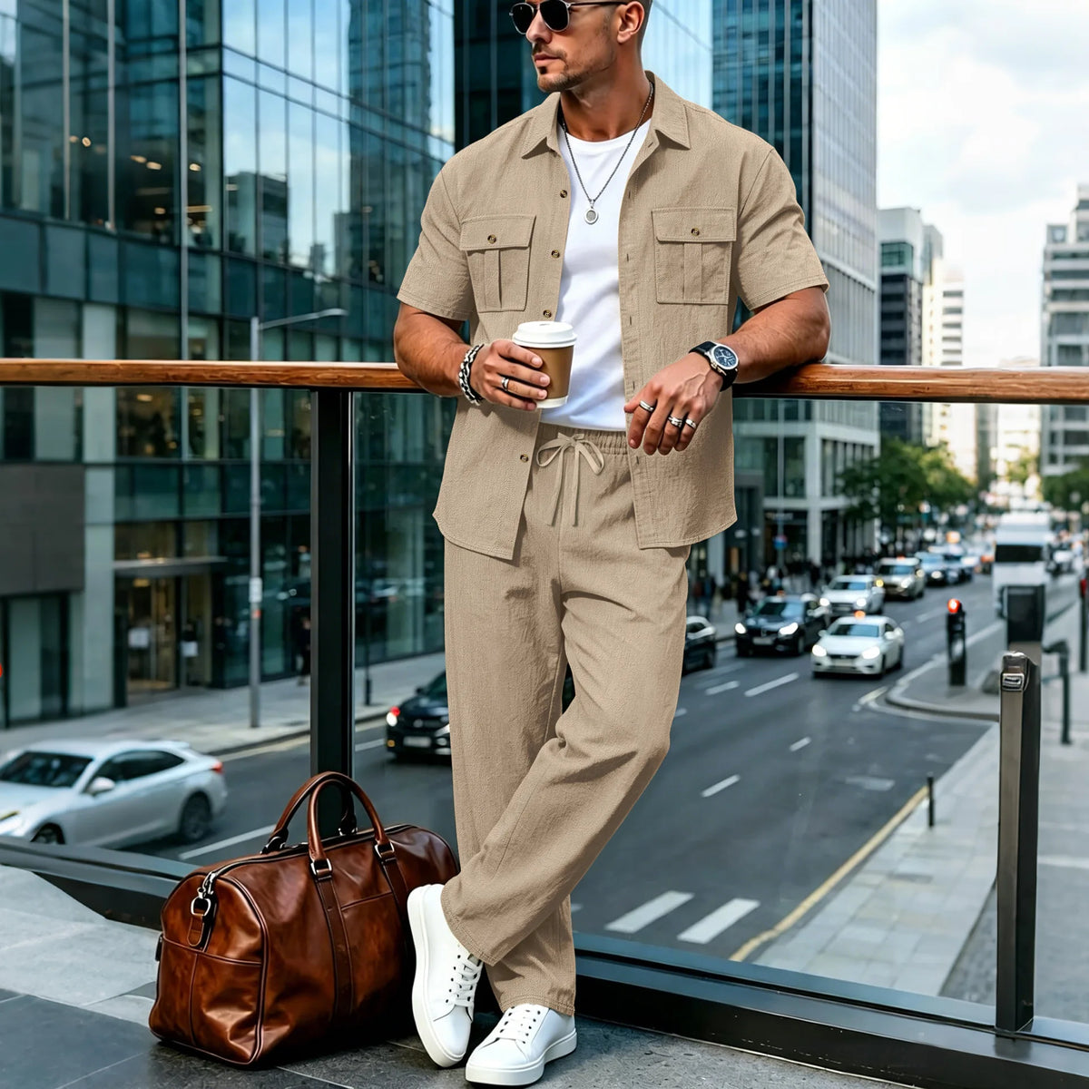 Ensemble Homme Chemise Lin Manches Courtes Double Poches + Pantalon Taille Élastique Style Safari Plage Été – CLEVI Paris
