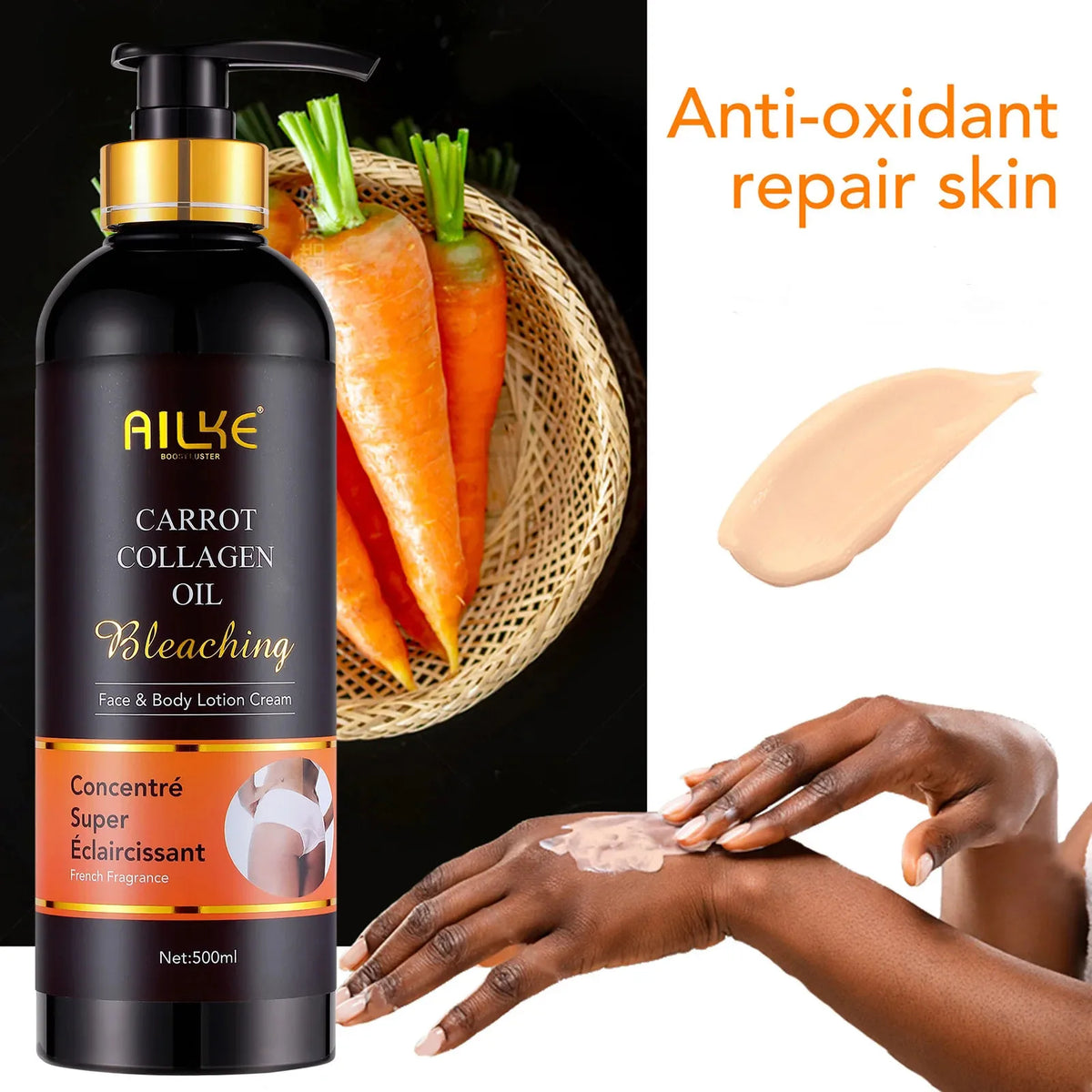 Lotions & Sérums Éclaircissants AILKE – Glutathion, Collagène & Huile de Carotène Corps & Visage – CLEVI Paris