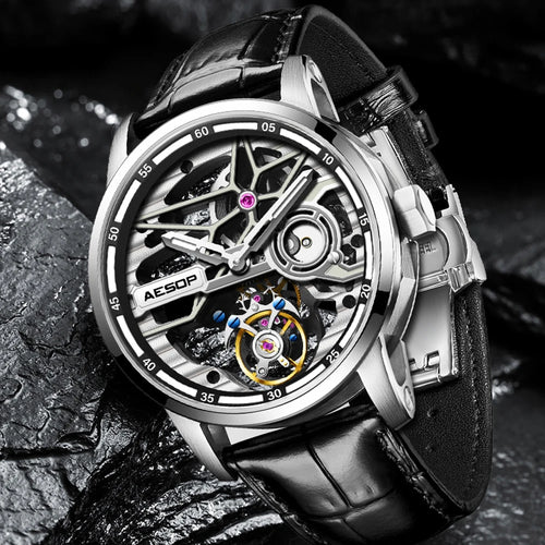 AESOP 7053 Montre Homme Tourbillon Squelette Saphir Diamant Étanche 5ATM – CLEVI Paris