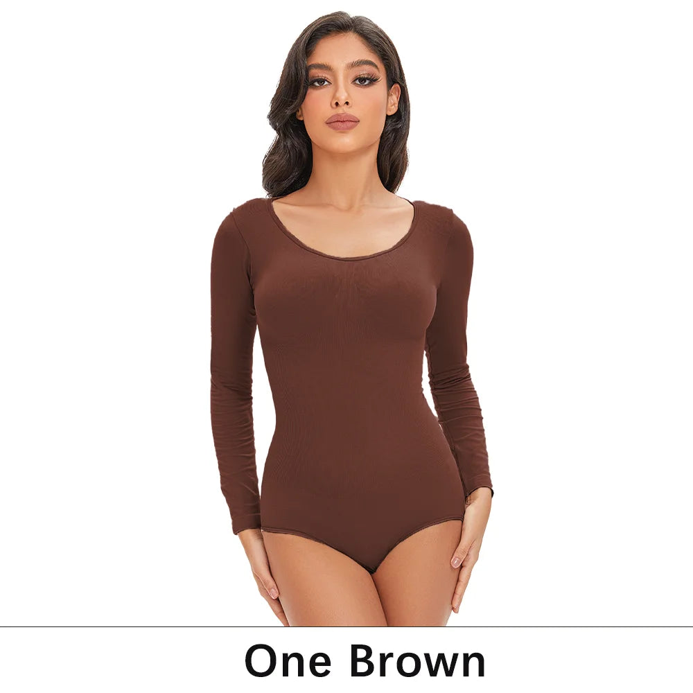 Gaine Gainante Femme Bodysuit Manches Longues Col Rond Sans Couture Contrôle Ferme Entrejambe Ouvert Minceur S-XXL – CLEVI Paris