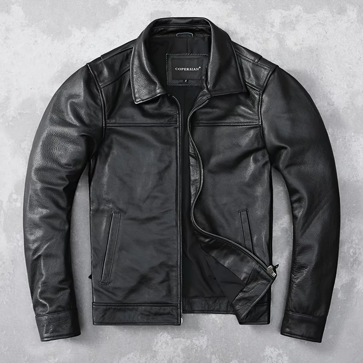 Veste homme en cuir de vache, col rond – CLEVI Paris