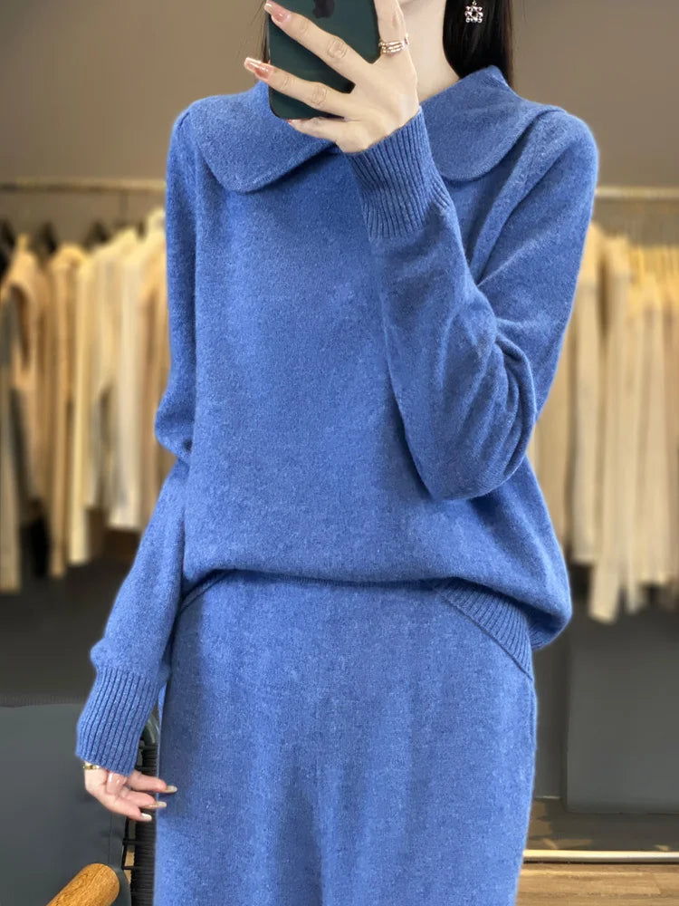 Ensemble mérinos femme, pull à col rabattu – CLEVI Paris